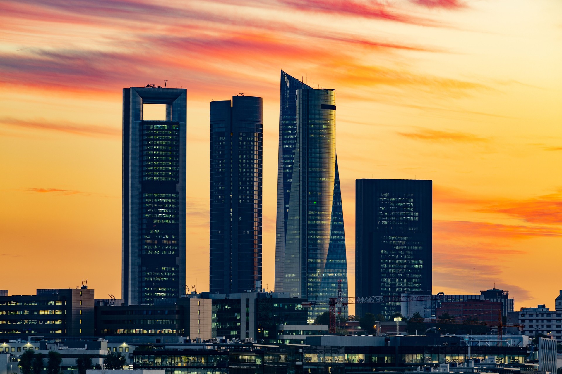 Financial district cityscape against a twilight sky